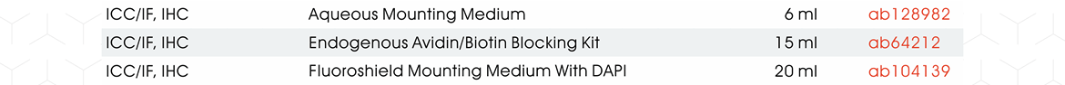 Aqueous Mounting Medium (ab128982), Endogenous Avidin/Biotin Blocking Kit (ab64212), Fluoroshield Mounting Medium With DAPI (ab104139)