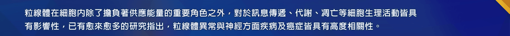 粒線體在細胞內除了擔負著供應能量的重要角色之外，對於訊息傳遞、代謝、凋亡等細胞生理活動皆具有影響性，已有愈來愈多的研究指出，粒線體異常與神經方面疾病及癌症皆具有高度相關性。