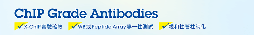 Abcam ChIP Grade Antibodies — ✔經X-ChIP實驗確效 ✔通過Wb或Peptide Array專一性測試 ✔親和性管柱純化