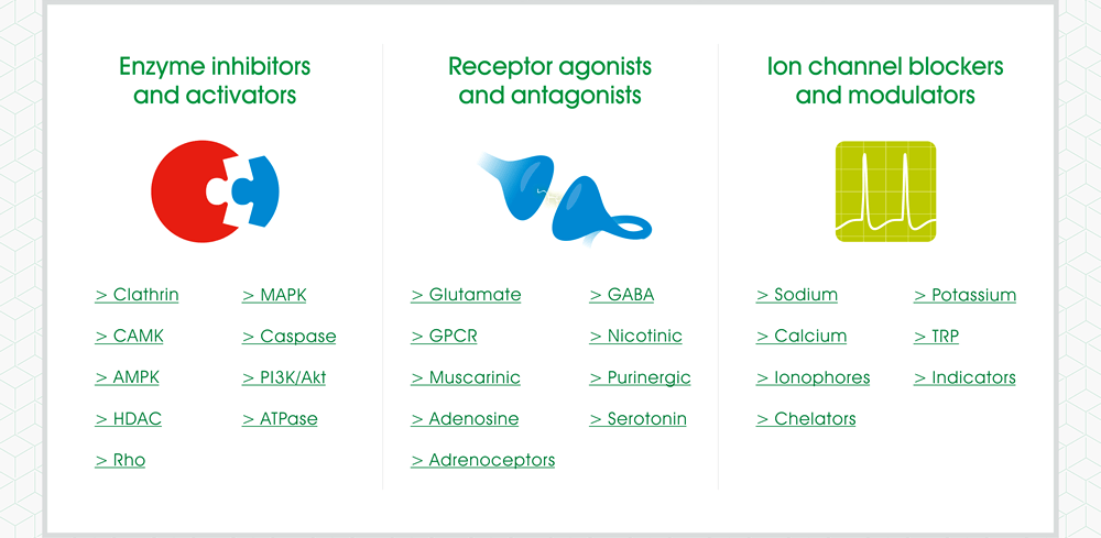 【Abcam Small Molecule Compounds】●Enzyme inhibitors & activators - Clathrin, CAMK, AMPK, HDAC, Rho, MAPK, Caspase, PI3K/Akt, ATPase ●Receptor agonists & antagonists - Glutamate, GPCR, Muscarinic, Adenosine, Adrenoceptors, GABA, Nicotinic, Purinergic, Serotonin ●Ion channel blockers & modulators - Sodium, Calcium, Ionophores, Chelators, Potassium, TRP, Indicators.