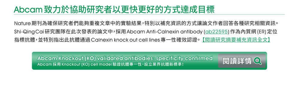 Abcam致力於協助研究者以更快更好的方式達成目標 — Nature期刊為確保研究者們能夠重複文章中的實驗結果，特別以補充資訊的方式讓論文作者回答各種研究相關資訊。Shi-Qing Cai研究團隊在此次發表的論文中，採用Abcam Anti-Calnexin antibody (ab22595)作為內質網(ER)定位指標抗體，並特別指出此抗體通過Calnexin knock out cell lines專一性確效認證。 《閱讀詳細說明：Abcam Knockout (KO) validated antibodies: specificity confirmed | Abcam採用Knockout (KO) cell model驗證抗體專一性，設立業界抗體新標準！》  