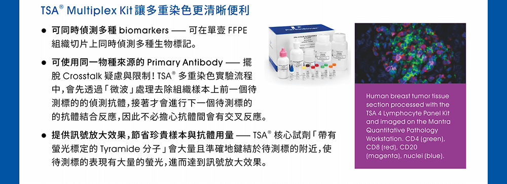 【TSA® Multiplex Kit讓多重染色更清晰便利】●可同時偵測多種 biomarkers —— 可在單壹 FFPE 組織切片上同時偵測多種生物標記。 ●可使用同一物種來源的 Primary Antibody —— 擺脫 Crosstalk 疑慮與限制！TSA® 多重染色實驗流程中，會先透過「微波」處理去除組織樣本上前一個待測標的的偵測抗體，接著才會進行下一個待測標的的抗體結合反應，因此不必擔心抗體間會有交叉反應。 ●提供訊號放大效果，節省珍貴樣本與抗體用量 —— TSA® 核心試劑「帶有螢光標定的 Tyramide 分子」會大量且準確地鍵結於待測標的附近，使待測標的表現有大量的螢光，進而達到訊號放大效果。