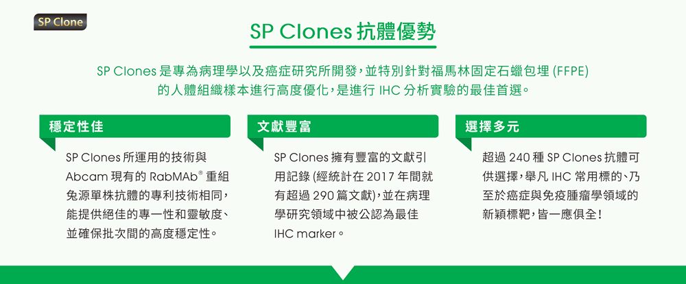 【SP Clones 抗體優勢】SP Clones 是專為病理學以及癌症研究所開發，並特別針對福馬林固定石蠟包埋 (FFPE) 的人體組織樣本進行高度優化，是進行 IHC 分析實驗的最佳首選。產品優勢包含：(1) 穩定性佳 - SP Clones 所運用的技術與 Abcam 現有的 RabMAb® 重組兔源單株抗體的專利技術相同，能提供絕佳的專一性和靈敏度、並確保批次間的高度穩定性。 (2) 文獻豐富 - SP Clones 擁有豐富的文獻引用記錄 (經統計在 2017 年間就有超過 290 篇文獻)，並在病理學研究領域中被公認為最佳 IHC marker 。 (3) 選擇多元 - 超過 240 種 SP Clones 抗體可供選擇，舉凡 IHC 常用標的、乃至於癌症與免疫腫瘤學領域的新穎標靶，皆一應俱全！