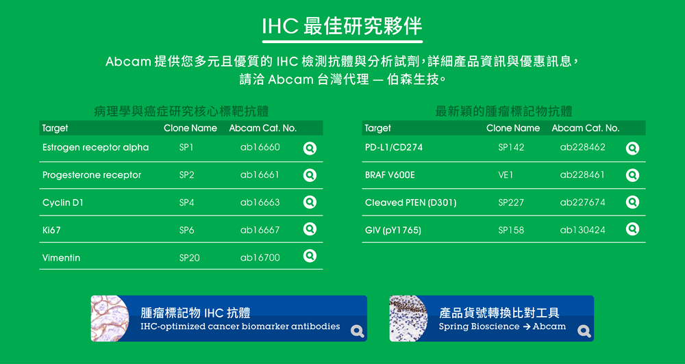 【IHC 最佳研究夥伴】Abcam 提供您多元且優質的 IHC 檢測抗體與分析試劑，詳細產品資訊與優惠訊息，請洽 abcam 台灣代理 — 伯森生技。歡迎點閱下方產品列表，瀏覽 [病理學與癌症研究核心標靶抗體] 與 [最新穎的腫瘤標記物抗體]。 ※ 連結 (1) 腫瘤標記物 IHC 抗體 (IHC-optimized cancer biomarker antibodies); 連結 (2) 產品貨號轉換比對工具 (Spring Bioscience to Abcam)