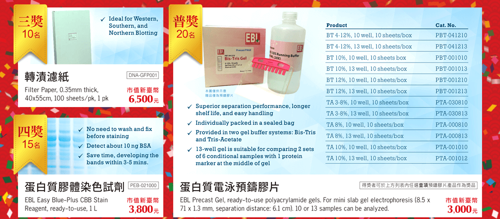 三獎 10 名, 轉漬濾紙 (Filter Paper), 市值新臺幣 6,500 元 | 四獎 15 名, 蛋白質膠體染色試劑 (EBL Easy Blue-Plus CBB Stain Reagent), 市值新臺幣 3,800 元 | 普獎 20 名, 蛋白質電泳預鑄膠片 (EBL Precast Gel), 市值新臺幣 3000 元