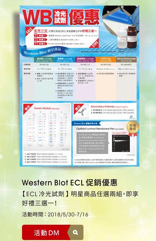 Western Blot ECL 促銷優惠 — 【ECL 冷光試劑】 明星商品任選兩組，即享好禮三選一！活動時間：2018/5/30-7/16 [連結：活動DM]
