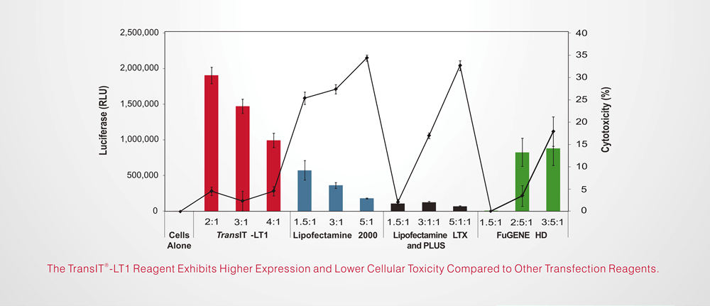 The TransIT®-LT1 Reagent Exhibits Higher Expression and Lower Cellular Toxicity Compared to Other Transfection Reagents.
