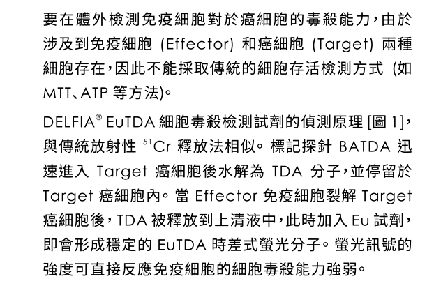 要在體外檢測免疫細胞對於癌細胞的毒殺能力，由於涉及到免疫細胞 (Effector) 和癌細胞 (Target) 兩種細胞存在，因此不能採取傳統的細胞存活檢測方式 (如 MTT、ATP 等方法)。 DELFIA® EuTDA 細胞毒殺檢測試劑的偵測原理 [圖 1]，與傳統放射性 51Cr 釋放法相似。 標記探針 BATDA 迅速進入 Target 癌細胞後水解為 TDA 分子，並停留於 Target 癌細胞內。 當 Effector 免疫細胞裂解 Target 癌細胞後， TDA 被釋放到上清液中，此時加入 Eu 試劑，即會形成穩定的 EuTDA 時差式螢光分子。 螢光訊號的強度可直接反應免疫細胞的細胞毒殺能力強弱。