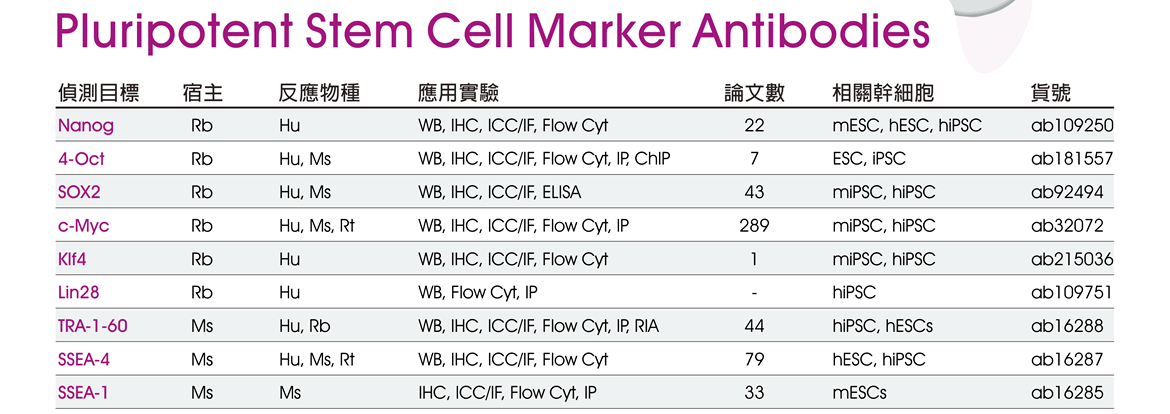 Pluripotent Stem Cell Marker Antibodies 節選：Nanog, 4-Oct, SOX2, c-Myc, Klf4, Lin28, TRA-1-60, SSEA-4, SSEA-1