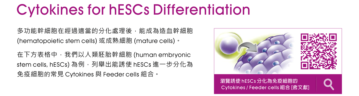 Cytokines for hESCs Differentiation — 多功能幹細胞在經過適當的分化處理後，能成為造血幹細胞 (hematopoietic stem cells) 或成熟細胞 (mature cells)。在下方表格中，我們以人類胚胎幹細胞 (human embryonic stem cells, hESCs) 為例，列舉出能誘使 hESCs 進一步分化為免疫細胞的常見 Cytokines 與 Feeder cells 組合。 [連結] 瀏覽誘使 hESCs 分化為免疫細胞的 Cytokines / Feeder cells 組合 [含文獻]