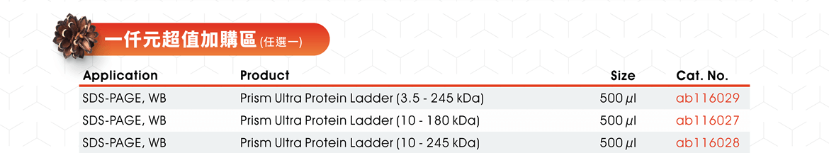 一仟元超值加購區 (任選一)：Prism Ultra Protein Ladder (3.5 - 245 kDa) (ab116029), Prism Ultra Protein Ladder (10 - 180 kDa) (ab116027), Prism Ultra Protein Ladder (10 - 245 kDa) (ab116028)