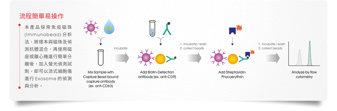 流程簡單易操作：本產品採用免疫磁珠 (Immunobead) 分析法，將樣本與磁珠及偵測抗體混合，再使用磁座或離心機進行簡單分離後，加入螢光偵測試劑，即可以流式細胞儀進行 Exosome 的偵測與分析。