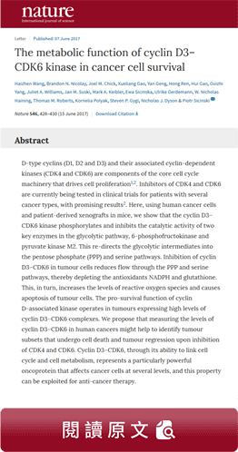 The metabolic function of cyclin D3–CDK6 kinase in cancer cell survival. Nature. 2017 Jun 15;546(7658):426-430. doi: 10.1038/nature22797.