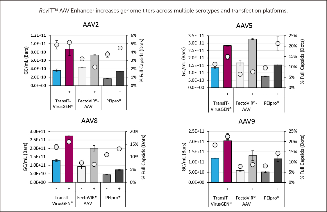 RevIT™ AAV Enhancer increases genome titers across multiple serotypes and transfection platforms.